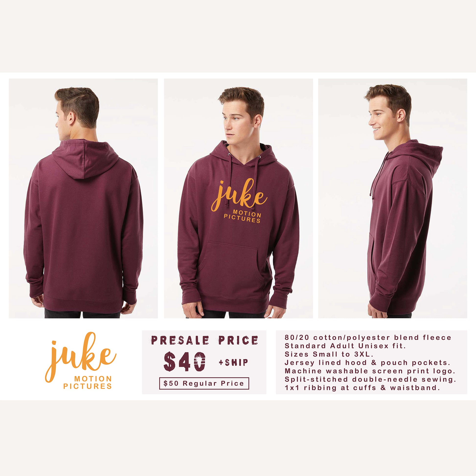 Juke Midweight Hooded Sweatshirt - Maroon - Cotton Fleece